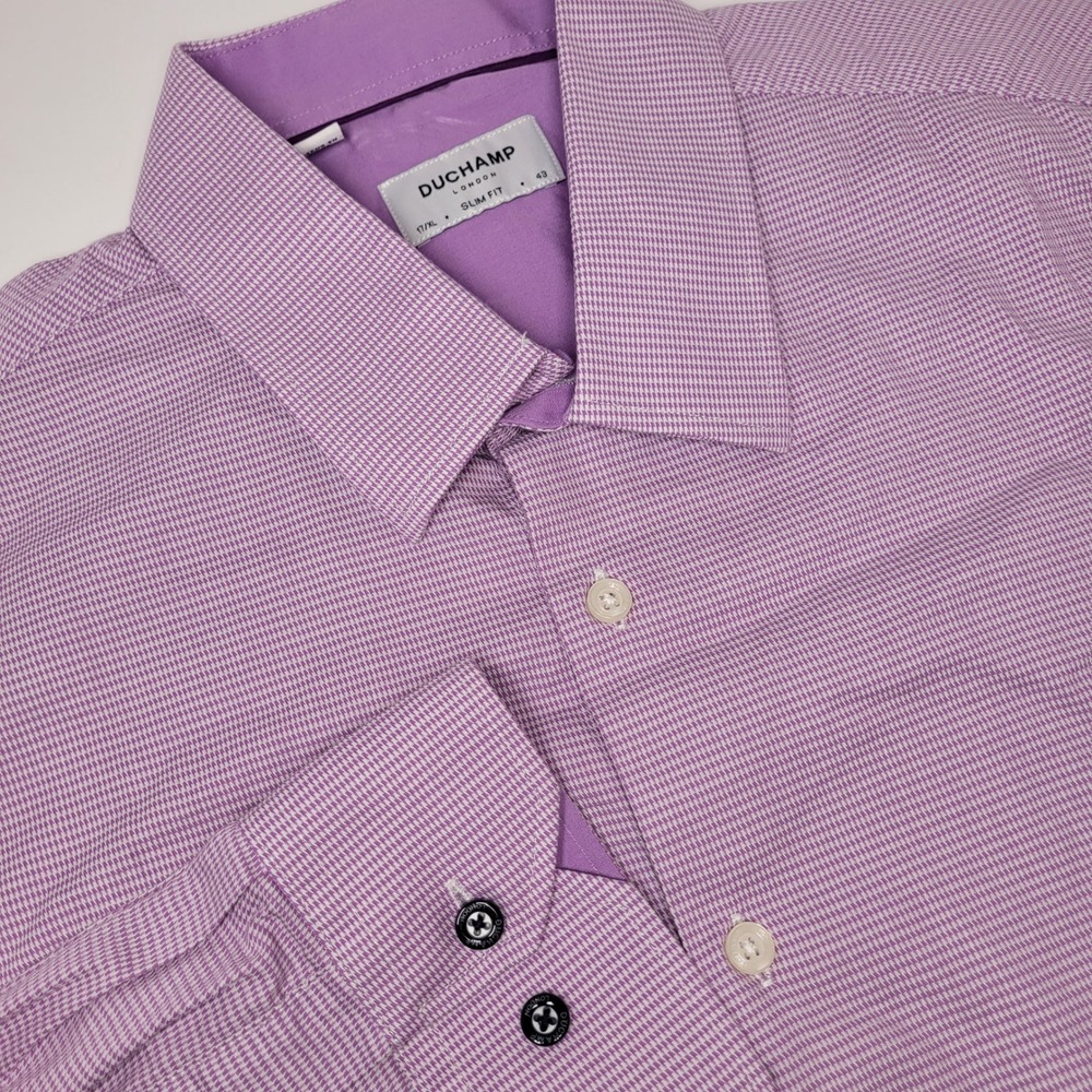 Duchamp London Shirt Mens 17/XL Purple Excllnt Slim Fit Micro Houndstooth Cotton